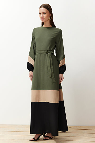 Trendyol Modest Khaki Color Blocked Woven Dress TCTSS24EB00237