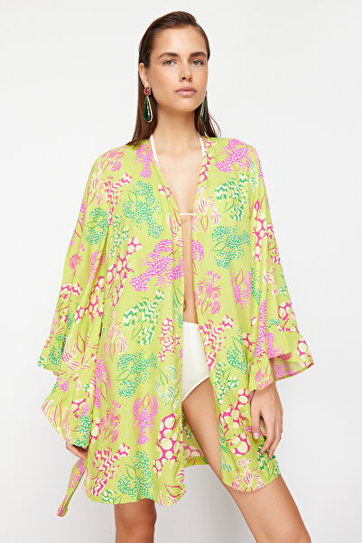 Trendyol Collection Mini Woven Beach Kimono - podvodní humří potisk s páskem a volánky TBESS24KM00043