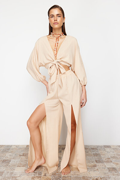 Trendyol Collection Beige Woven Slit Blouse Pants Set TBESS24AU00038