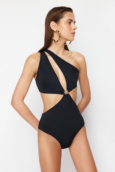 Trendyol Collection One Shoulder Black Swimsuit - Premium Accessory, Regular Fit TBESS24MY00008