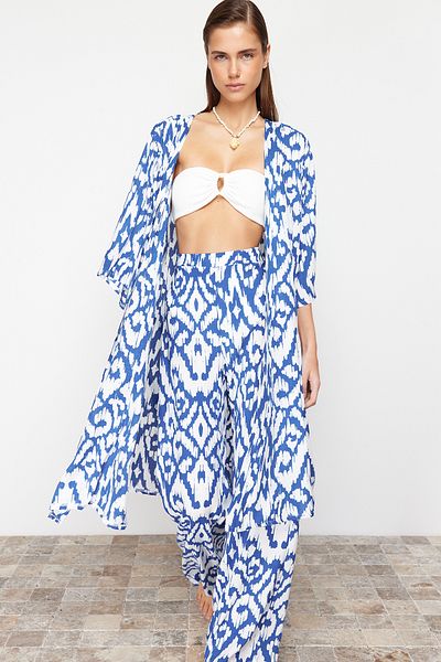 Trendyol Collection Midi Beach Kimono with Abstract Print and Belt - Tbess24Km00054