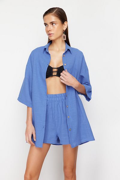 Trendyol Collection Vászonkeverék kék ingek és rövidnadrágok strandkészlet - TBESS24AU00042