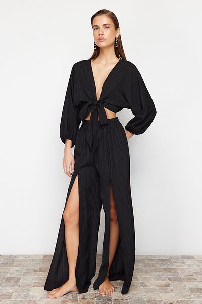 Trendyol Collection Black Woven Slit Blouse Pants Set TBESS24AU00038