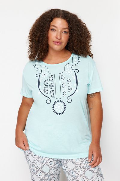 Trendyol Curve Blue Geometric Patterned Knitted Pajamas Set TBBSS24AI00093