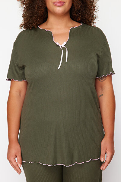 Trendyol Curve Camisole Knitted Pajama Set - Khaki Bow Detail TBBSS24AI00095