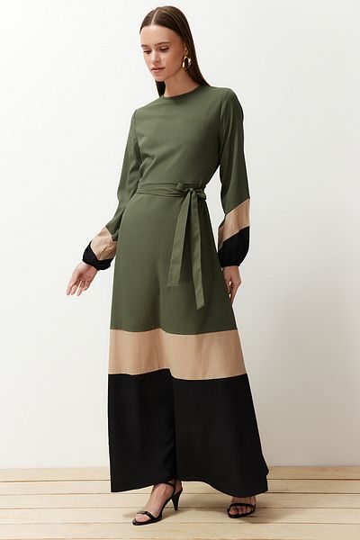 Trendyol Modest Υφαντό Χακί Φόρεμα - Color Block, TCTSS24EB00237
