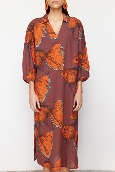 Trendyol Collection Halmintás széles szabású szőtt 100% pamut Midi strandruha TBESS22EL0009