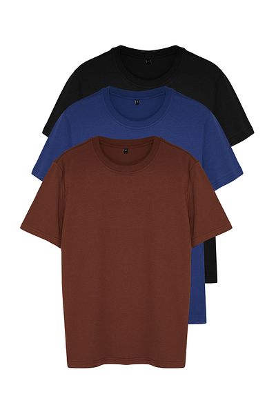 Trendyol Collection 3 csomag fekete-barna-sötétkék karcsú szabású 100% pamut rövid ujjú póló - TMNSS21TS1048