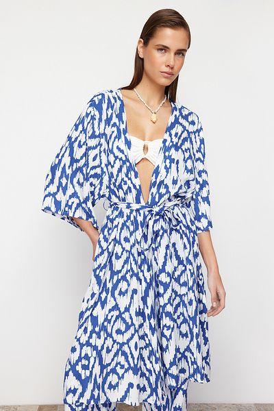 Trendyol Collection Midi Beach Kimono with Abstract Print and Belt - Tbess24Km00054