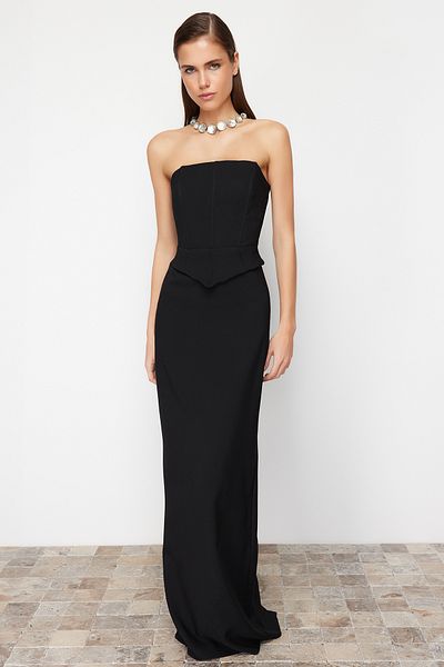 Trendyol Collection Detail černého živůtku Tkané dlouhé stylové večerní šaty Tprss24Ae00148