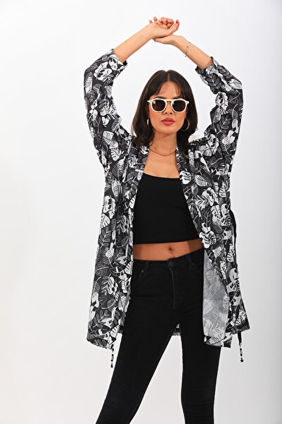 marecaldo Yazlık Kadın Giyim Modası Klasik Kimono Modeli Foglia Siyah bağcıkl...