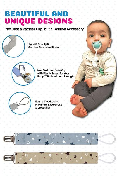 Ferdys Pacifier Strap, 2-Piece Compatible Star Pattern Pacifier Strap Pack, Fabric Pacifier Strap Clip