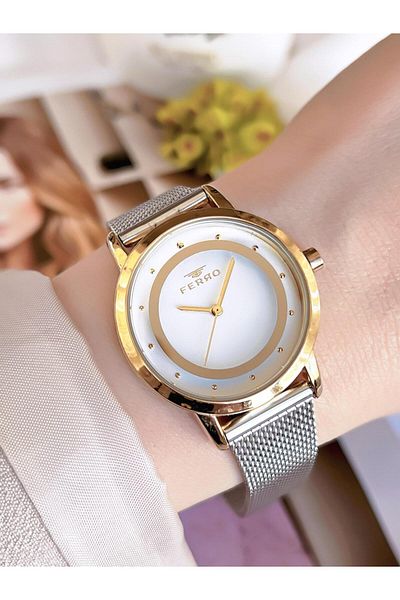 FERRO GoldSilver Straw Cord Colorfast 30 Meters Water Resistant Special Design Women's Wristwatch 40090