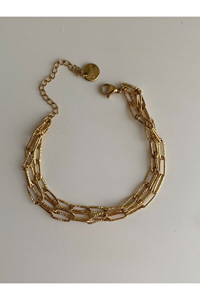 Owentis سوار فيونا من الفولاذ الذهبي ذو 3 صفوف منقوشة على شكل مشبك ورق - لا يفقد بريقه -