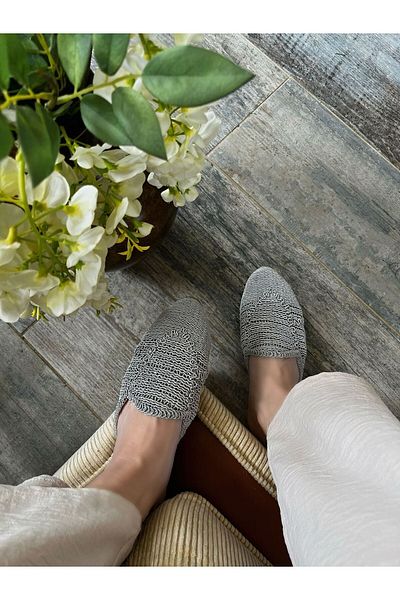 TRODONS Gray Knitted Straw Embroidered Women's Slippers