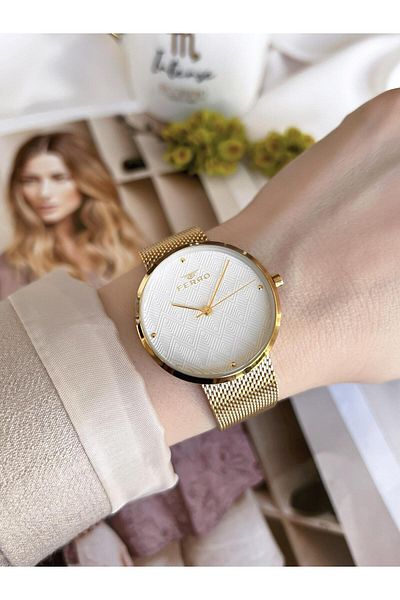 FERRO GoldSilver Straw Cord Colorfast 30 Meters Water Resistant Special Design Women's Wristwatch 81753