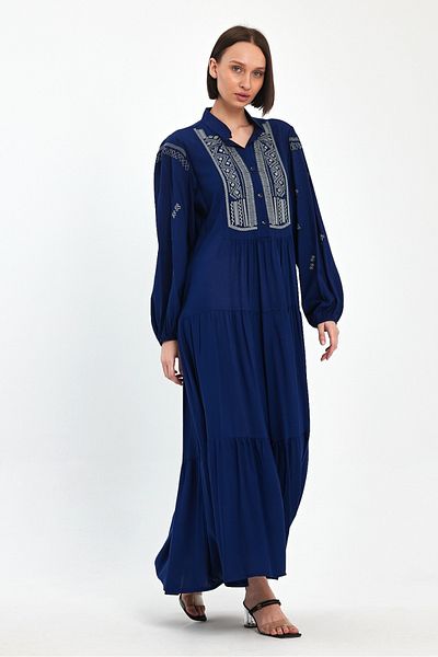 AYASOFYA OTANTIK Women's Navy Blue Ethnic Embroidery Detailed Elastic Ankles Balloon Sleeve Long Dress