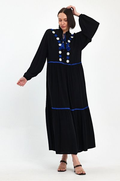 AYASOFYA OTANTIK Rochie lungă cu etaje pentru femei, neagră, cu guler cu plăcuțe, broderie cu flori, glezne, cu mâneci cu balon elastic
