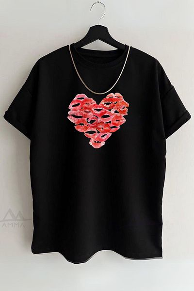 AMMA Unisex Kissed Kiss Printed Trend Short Sleeve 100% Cotton T-shirt