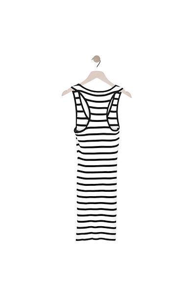 Dilvin 90147 Rochie de tricotaj cu dungi Deep Crew Neck-ecru-negru