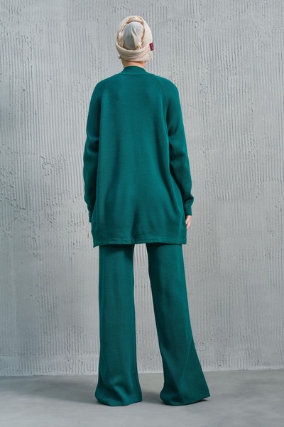 bayansepeti Flexible Knitwear Fabric Stand Collar Long Sleeve Top and Slit Leg Bottom Green Hijab Bottom-Top Set 1070