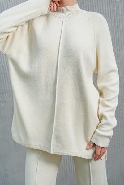 bayansepeti Ευέλικτο πλεκτό υφασμάτινο σταντ γιακά με μακρυμάνικο μπλουζάκι και κοφτερό πόδι έκρου χιτζάμπ κάτω-απάνω σετ 1070