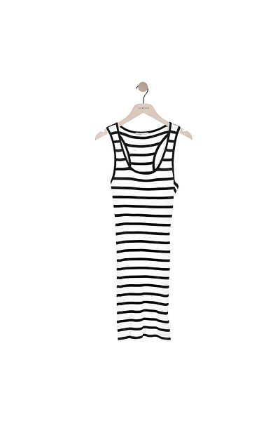 Dilvin 90147 Rochie de tricotaj cu dungi Deep Crew Neck-ecru-negru