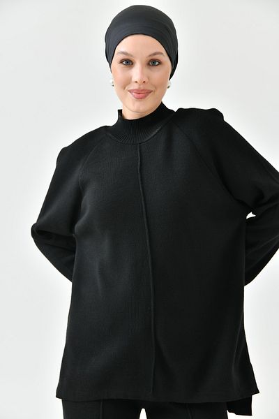 lovebox Modest Knitwear Fabric Oversize Black Sweater and High Waist Trousers Hijab Bottom-Top Knitwear Set 1070