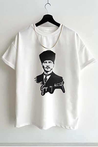 AEMİ Unisex Ataturk Štampano okrugla kragna 100% pamuk Oversize kroj majica