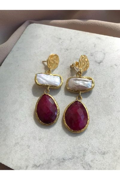 MiracleLivesGiftShop Kare Barok İnci Doğal Yakut Taşlı Kadın Küpe
