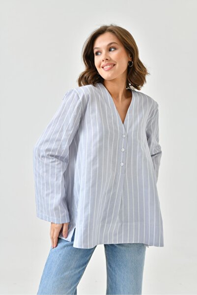 DUXAL SHOES Boris Slit Striped Detail Poplin Blouse