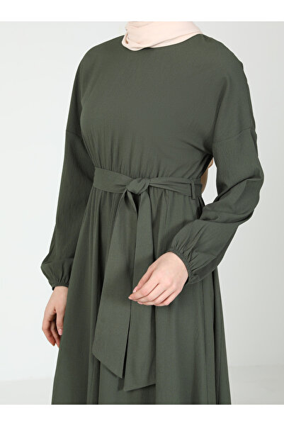 Tavin Hijab Dress with Tie Detail - Khaki - Tavin