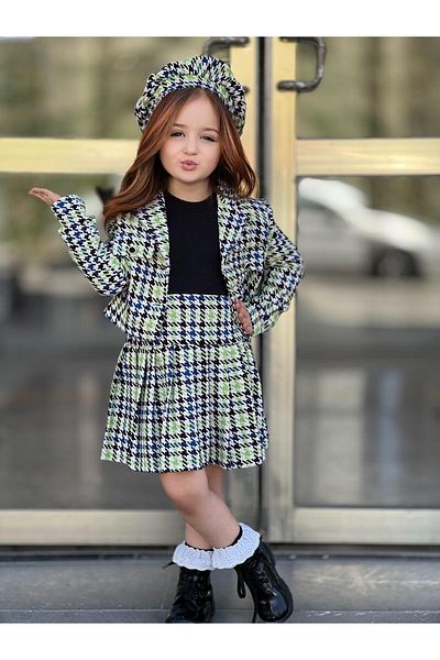 DUDOR KİDS GIRL'S PLAID PATTERNED SKIRT-JACKET-BLUZ-RESSAM HAT SET OF FOUR