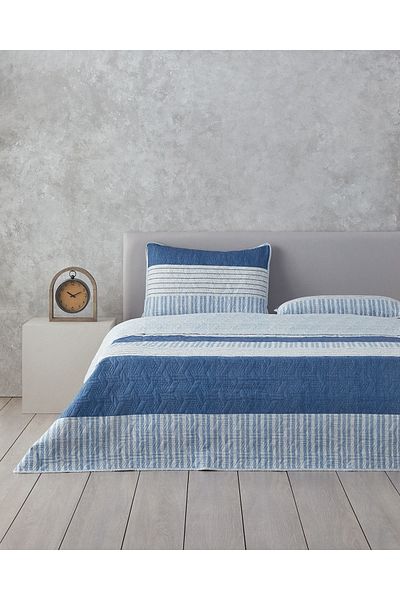 English Home Blue Sleek Stripes King Size Bedspread Set