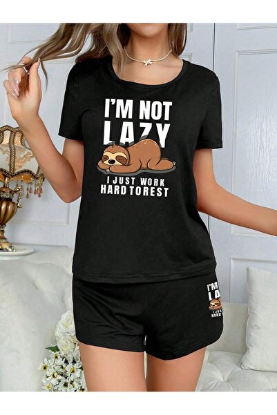 PALPİTO Γυναικείο Μαύρο I Am Not Lazy εμπριμέ Oversize Σορτς