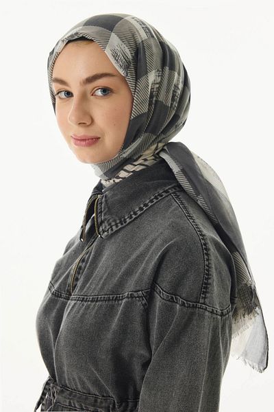 FENZA SCARF LULU Gray Cotton Cube Patterned Shawl