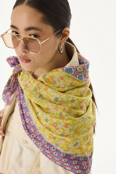 FENZA SCARF Ροζ βιολετικό γεωμετρικό μοτίβο λουλουδιών Βαμβακερό σάλι καραμέλας