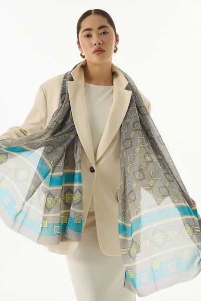 FENZA SCARF GLORIA Cotton Gray Shawl - Cube Pattern