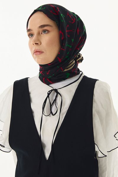 FENZA SCARF Şal din bumbac Mabel negru-bej - model cârmă