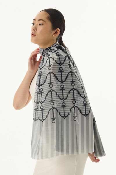 FENZA SCARF ΓΚΡΙ Βαμβακερό Σάλι - Μοτίβο άγκυρας HOPE