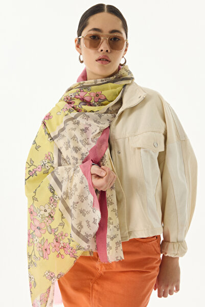 FENZA SCARF LİLAC ÇİÇEK DESEN SARI PAMUKLU ŞAL