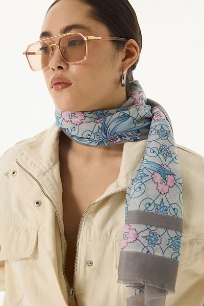 FENZA SCARF Gray Cotton Lotus Bow Patterned Shawl
