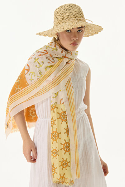 FENZA SCARF MABEL Cotton Orange-Yellow Shawl - Rudder Pattern