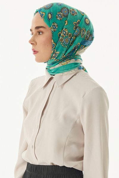 FENZA SCARF Turquoise Cotton Lotus Bow Patterned Shawl