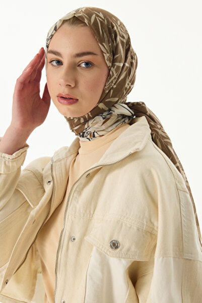 FENZA SCARF Βαμβακερό σάλι με μοτίβο με φύλλα ελιάς καφέ-μπεζ