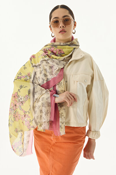 FENZA SCARF LİLAC ÇİÇEK DESEN SARI PAMUKLU ŞAL