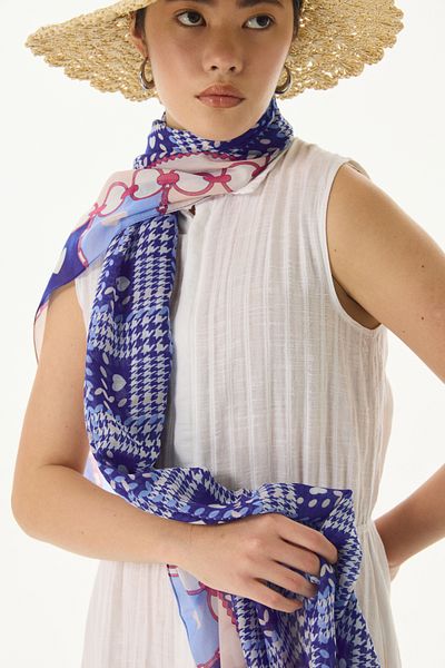 FENZA SCARF MAYA Mini - Βαμβακερό σάλι με καρδιά, μπλε μοτίβο Saks Houndstooth