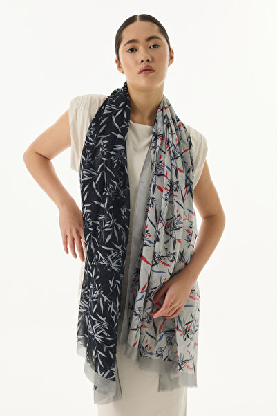 FENZA SCARF Şal din bumbac negru-gri cu model de frunze de măsline