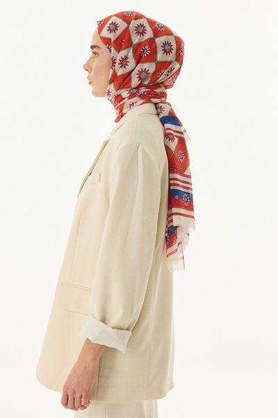 FENZA SCARF EDNA șal din bumbac cu model etnic roșu-flor de rodie
