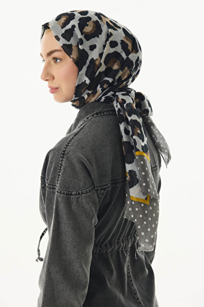 FENZA SCARF Dina - Polka Dot Leopard Patterned Grey-Yellow Cotton Shawl
